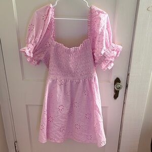 ARULA Pink Smocked Mini Dress with Puff Sleeves